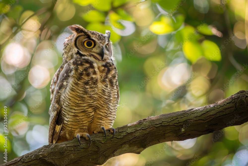 Poster owl displaying regal posture while perched high on a tree branch, regal posture perched high on a tr
