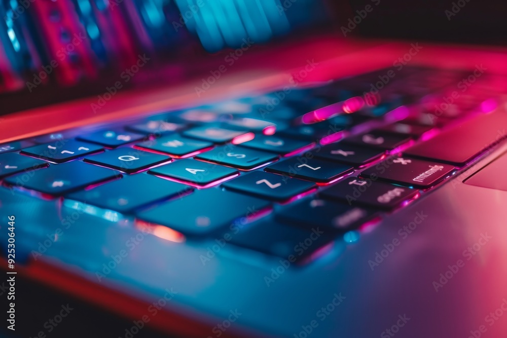 Poster detailed view of a laptop computer keyboard with keys and symbols, regularly updating software to ad