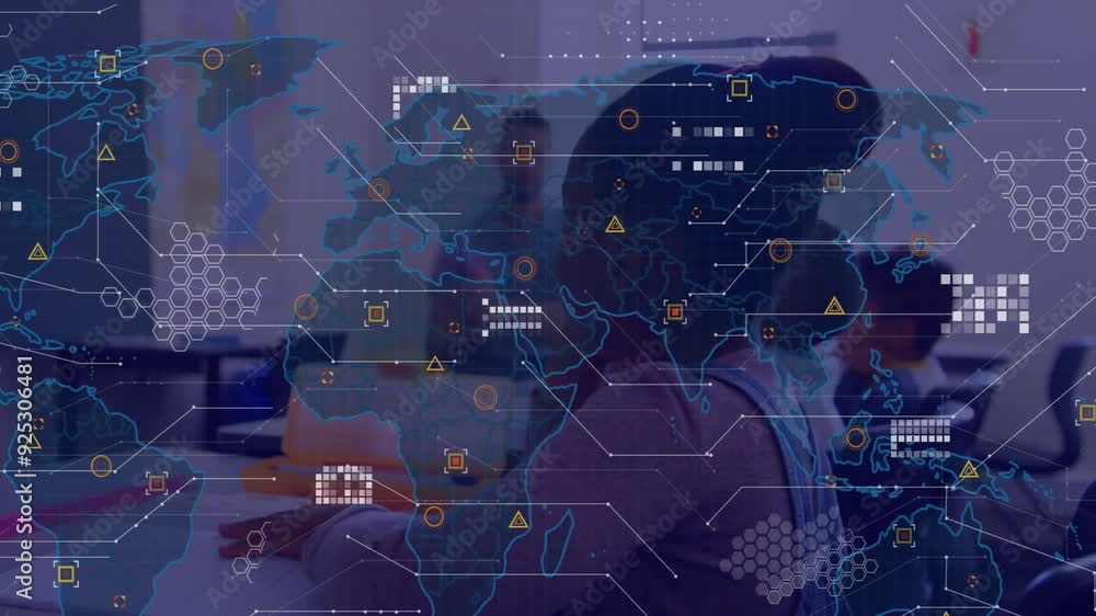 Poster world map with data points animation over students studying in classroom