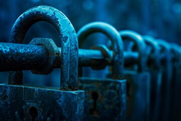 Naklejka premium Detailed view of a metal gate secured with numerous padlocks, Regularly updating software to address security vulnerabilities