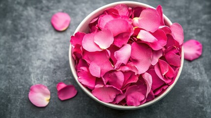 Obraz premium Create 5 prompts for stock photos related to A bowl full of pink flower petals on a grey surface with 100-200 characters and ending with
