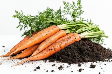 Freshly Harvested Carrots With Soil From a Farm on a White Background , ai