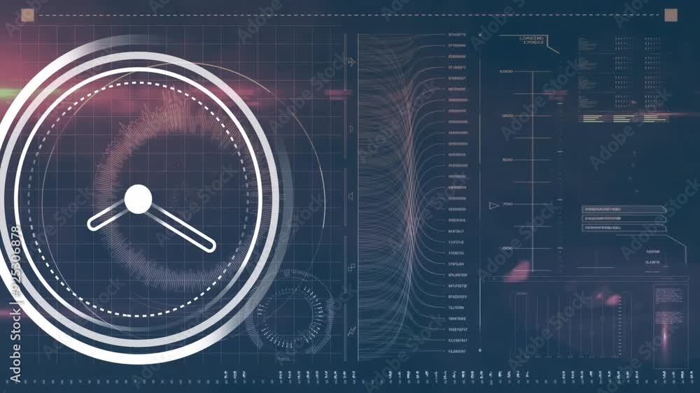 Poster clock and data visualization animating over technical grid background