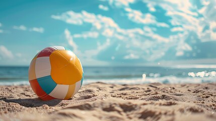 Obraz premium a colorful beach ball on the sand, with the ocean and a bright summer sky in the background.