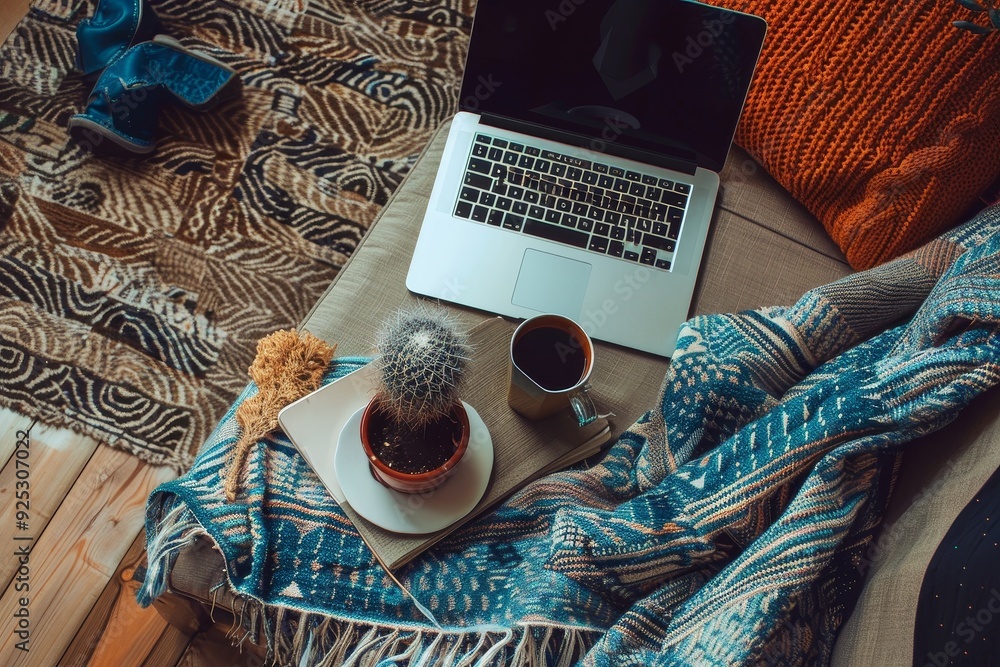 Poster a laptop computer positioned next to a cup of coffee on a table, relaxing breaks in between telework