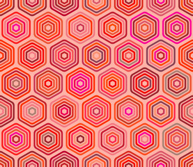 Pattern of hexagon shapes. Bold rounded stacked hexagons mosaic pattern. Large hexagon shapes. Multiple tones color palette. Seamless pattern. Tileable vector illustration.