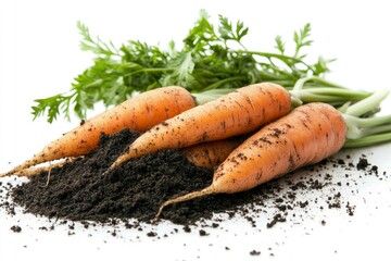 Freshly Harvested Carrots With Soil From a Farm on a White Background , ai