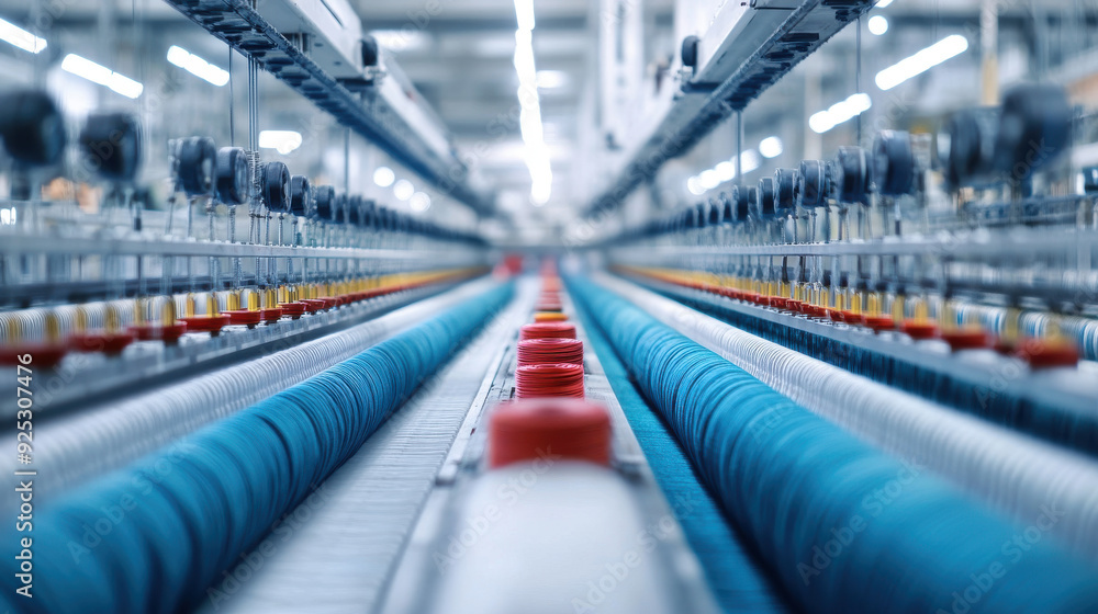 Poster modern textile factory with automated weaving machines in action, threads moving swiftly