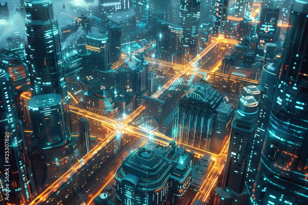 Poster aerial view of city at night, render a futuristic cityscape with interconnected devices and data str