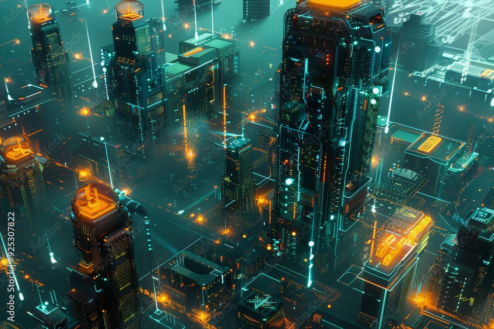 Poster modern metropolis teeming with tall buildings, render a futuristic cityscape with interconnected dev