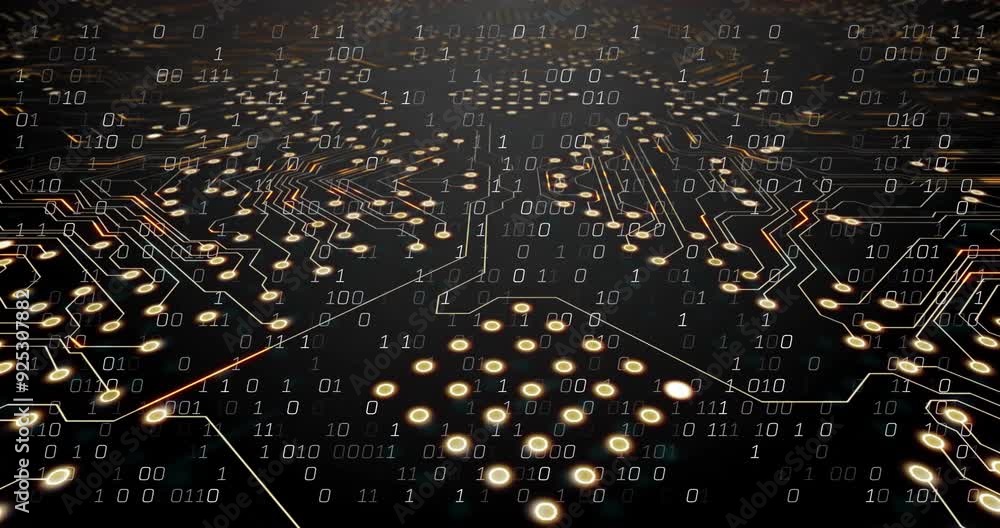 Aufkleber binary code and circuit board animation over dark background with glowing nodes