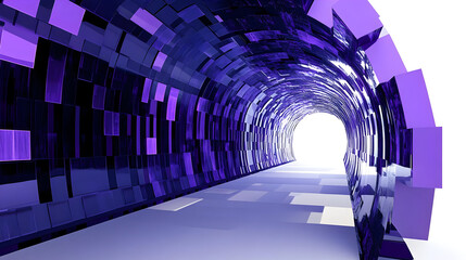 A futuristic tunnel with a vibrant purple design leading to a bright light.