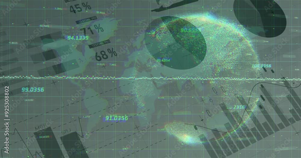 Poster financial data and statistics animation over world map and charts