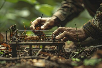 A person skillfully setting dadceaadedd in a forest clearing, Render the skill and precision of a hunter setting a trap