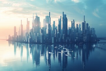 A densely packed city with towering skyscrapers dominating the skyline, Render the skyline as a futuristic cityscape, combining elements of technology and innovation