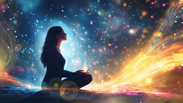 A woman sits cross-legged, meditating as colorful light swirls and sparkles around her in a tranquil cosmic environment.