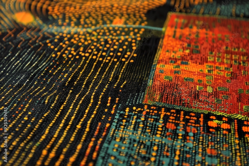 Poster detailed close-up view of a vibrant and colorful area rug with intricate patterns, replicate the int