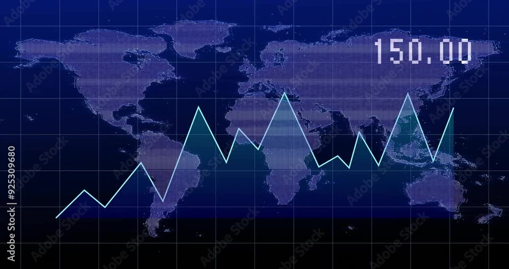 Poster Financial data graph animation over world map with 100