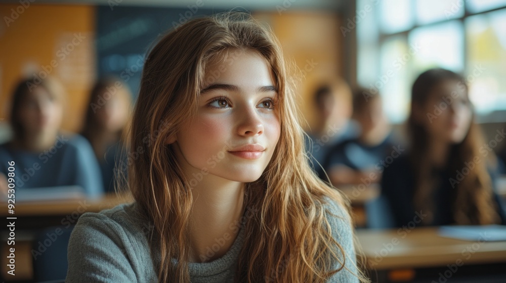 Poster a young girl listens intently in class while surrounded by her classmates, absorbed in the lesson ta