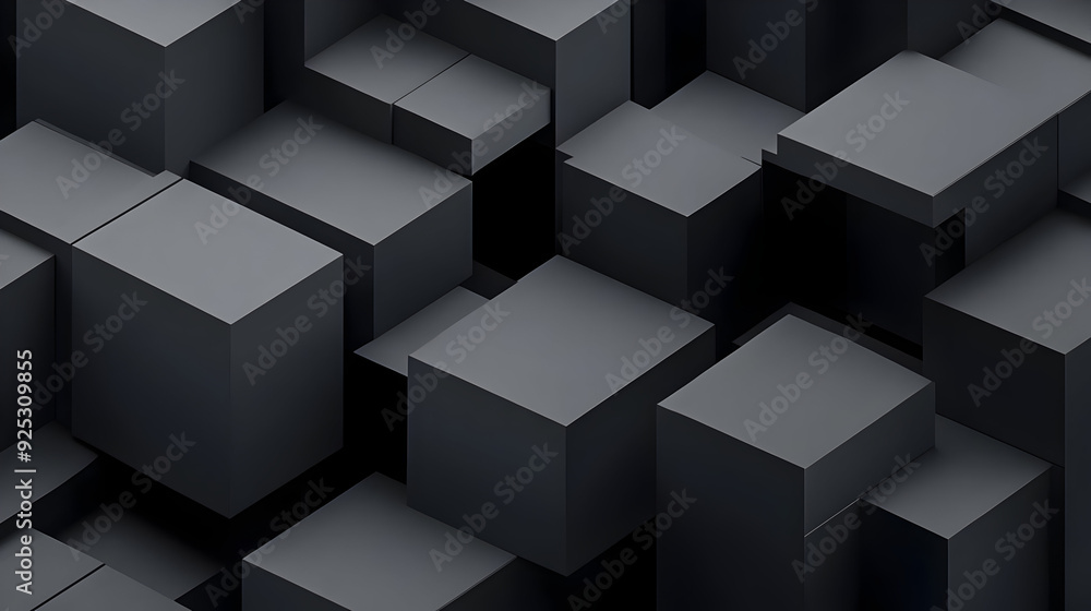Poster a geometric arrangement of dark blocks creating a 3d abstract pattern.