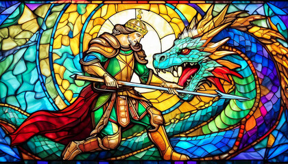Illustration of St George fighting the dragon in stained glass.