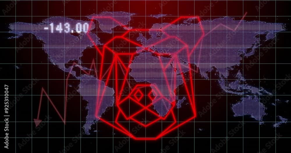 Poster world map with red geometric shapes and numbers animation over grid background