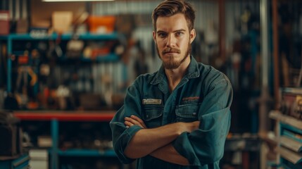 Fototapeta premium A bearded mechanic stands in a workshop, arms crossed, showcasing his profession with determination and focus, tools and equipment in the background.