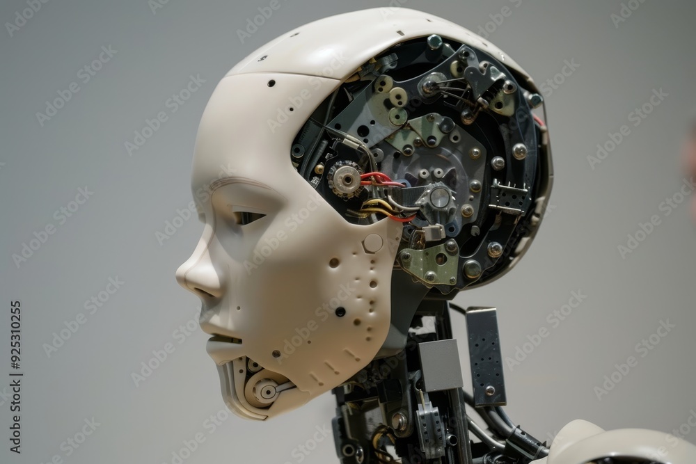 Poster a robot closely examines a persons facial features with a focused expression, representing the conce