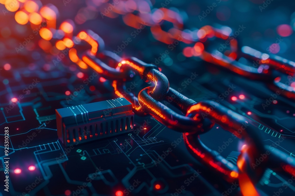 Poster detailed view of a chain securing a computer, representing end-to-end encryption for cybersecurity, 
