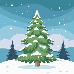 Winter landscape, snow-covered spruce tree in winter forest. Holiday illustration in flat style