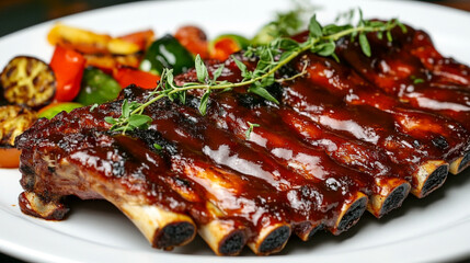 Glazed BBQ ribs with grilled vegetables - Gourmet dish.