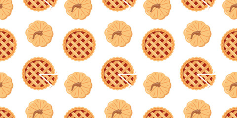 Autumn pumpkins and cut pumpkin pies seamless pattern. Seasonal greeting banner design. Illustration