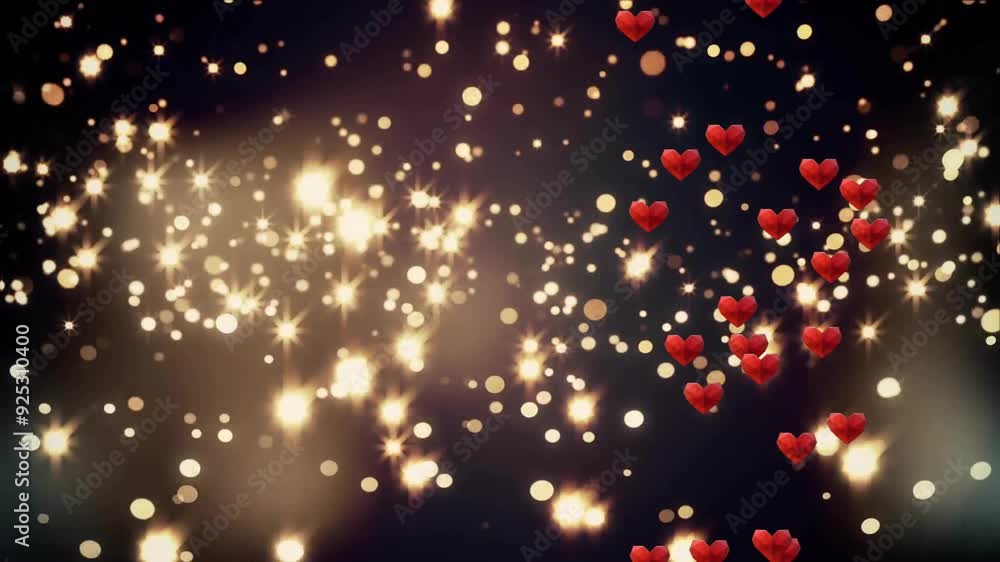 Poster sparkling lights and floating red hearts animation over dark background