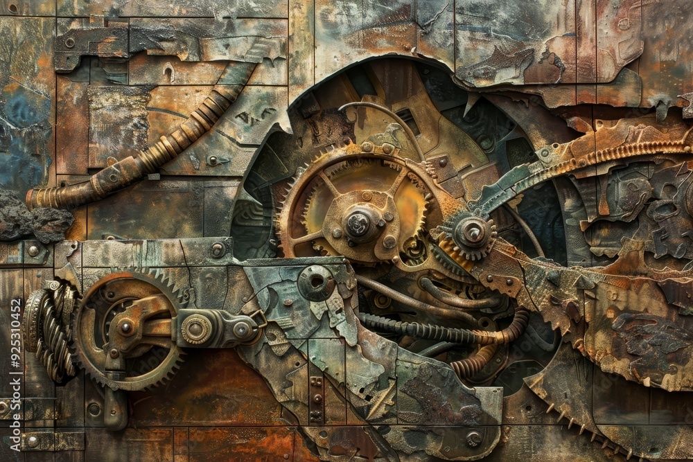 Poster detailed view of a clock constructed from metal materials, representing the fusion of man-made and n