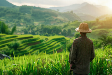 A lone farmer in a straw hat overlooking the lush green terraces of rice fields in a mountainous area, illuminated by early morning light. The concept of farming and the connection with nature.