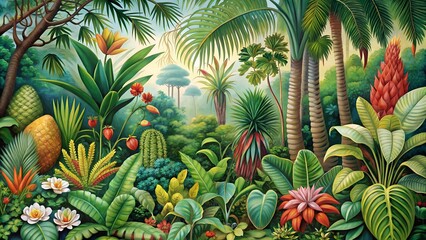 A botanical illustration of rare and exotic plants from a tropical rainforest