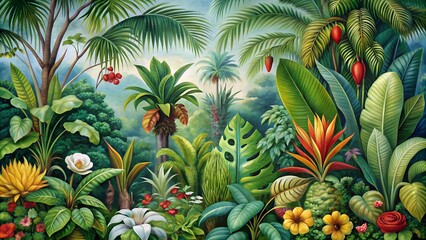 Fototapeta premium A botanical illustration of rare and exotic plants from a tropical rainforest