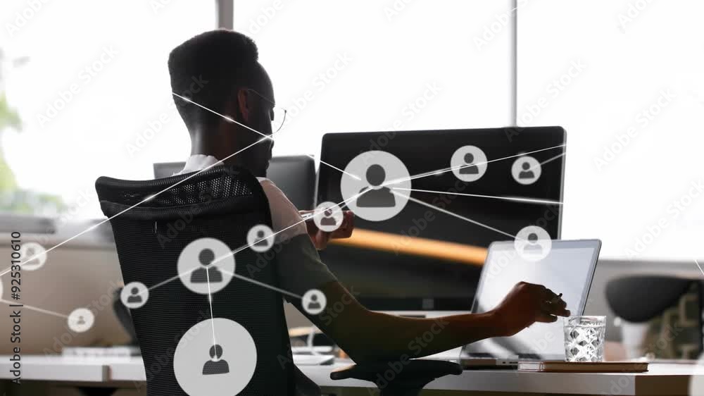Poster network of connections animation over person working on computer in office