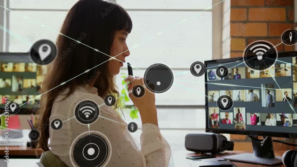 Poster network of connections and data processing animation over woman working on computer