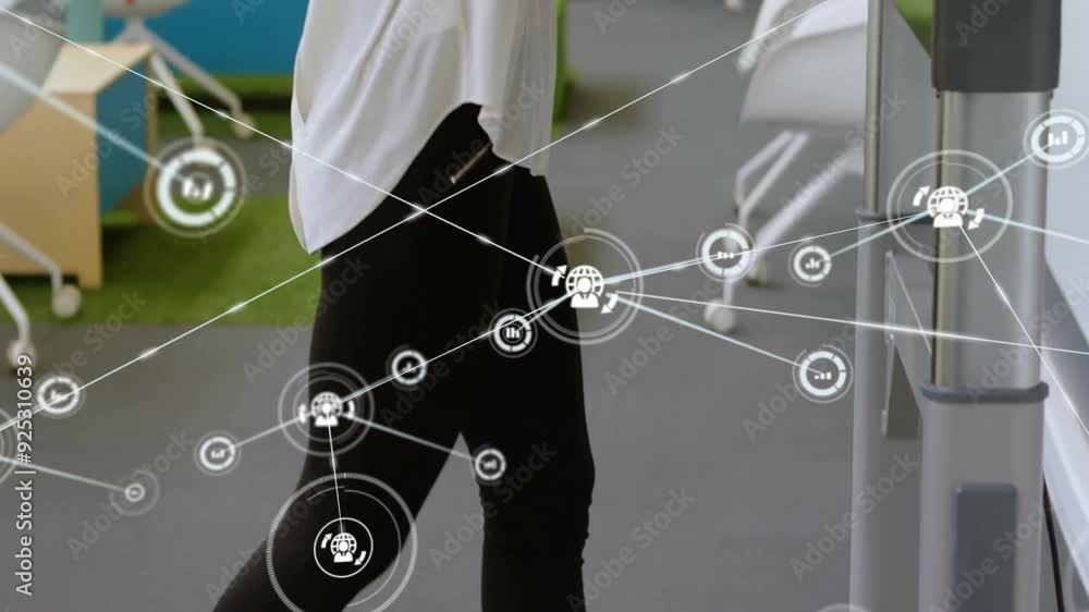 Poster network of connections and data processing animation over people working in office