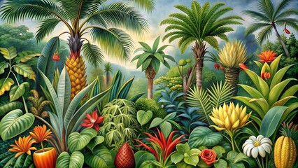 Obraz premium A botanical illustration of rare and exotic plants from a tropical rainforest