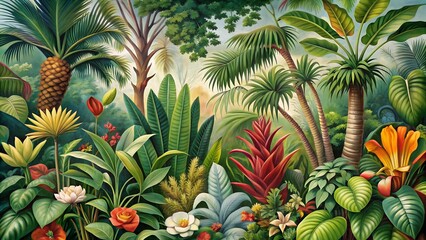 Fototapeta premium A botanical illustration of rare and exotic plants from a tropical rainforest