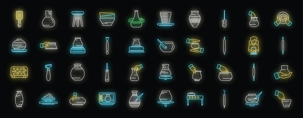 Collection of colorful neon icons representing various aspects of pottery making, from shaping clay to firing kilns