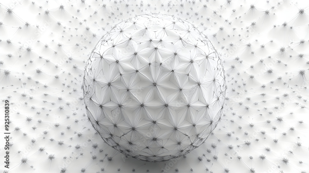 Poster a geometric white sphere surrounded by a network of lines and shapes in a minimalist design.