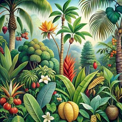 Fototapeta premium A botanical illustration of rare and exotic plants from a tropical rainforest
