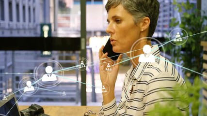 Network of connections and data processing animation over person talking on phone
