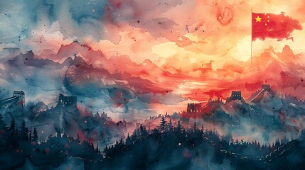 Large Chinese flag, with vibrant red and yellow colors, waving gently in watercolor, with a background that subtly incorporates the outline of the Great Wall, peaceful and historical. --ar 16:9 --v 6.