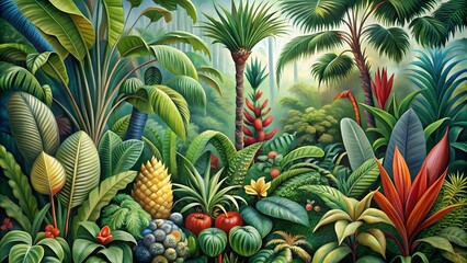 Fototapeta premium A botanical illustration of rare and exotic plants from a tropical rainforest
