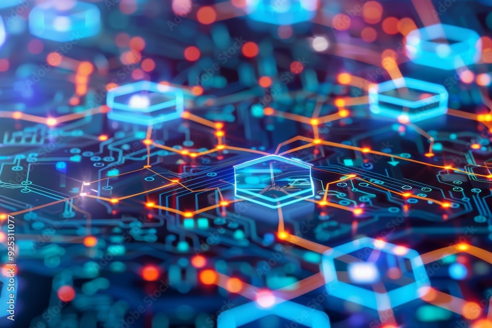 Poster detailed view of a computer circuit board showing intricate components and pathways, represent the i