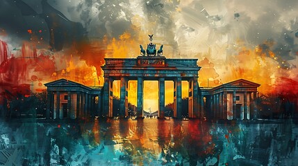 Obraz premium Large German flag, black, red, and gold colors flowing gracefully in watercolor, with a soft background that subtly suggests the Brandenburg Gate, calm and historical. --ar 16:9 --v 6.0
